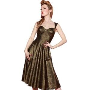 Bettie Page Queen Of Pinups Fit & Flare Midi Dress Womens 8 Burnished Gold Retro